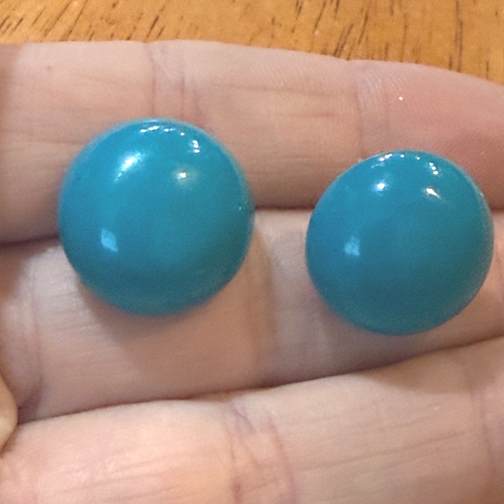 Vintage Teal Blue Button Stud Earrings Round Glossy Mid Century Mod Statement